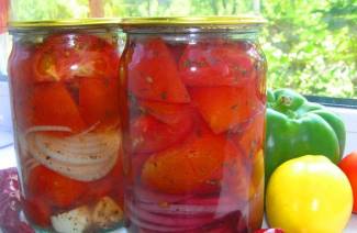 Tomato wedges with onions and oil for the winter
