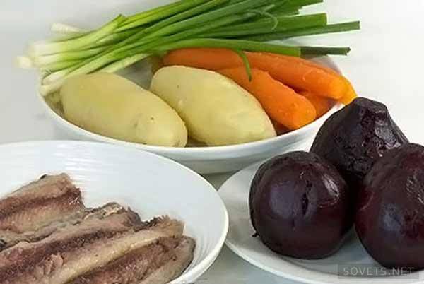 Prodotti per cucinare le aringhe sotto una pelliccia