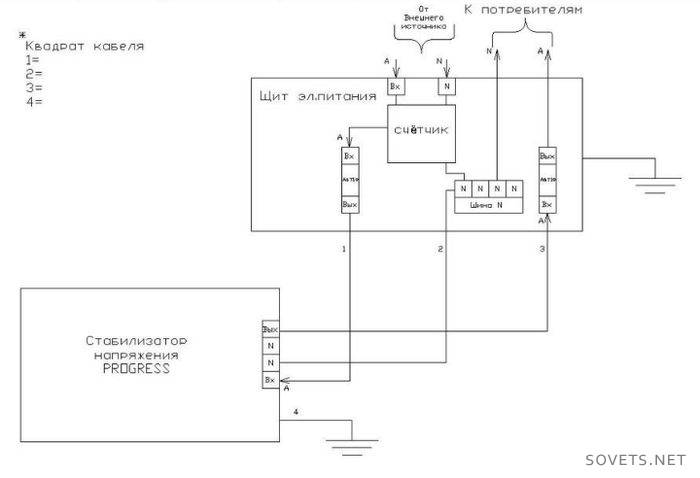 Vienfazio namo stabilizatoriaus laidų schema