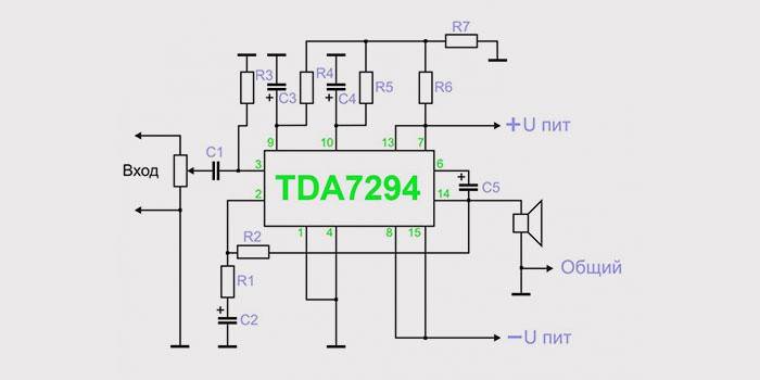 Áramkör a mélysugárzóhoz a TDA 7294 chipen 5 = Erősítő a mélysugárzó automatikus áramköréhez