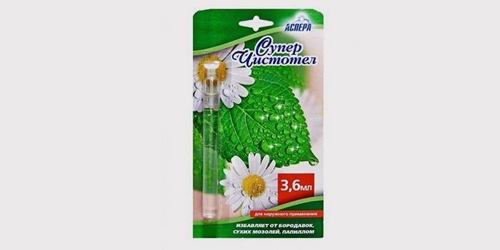 Superchistotel - ส่วนผสมของอัลคาไลที่เผาผลาญเนื้อเยื่อหูด