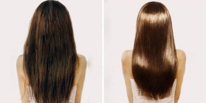 Capelli prima e dopo aver applicato una maschera alla cannella