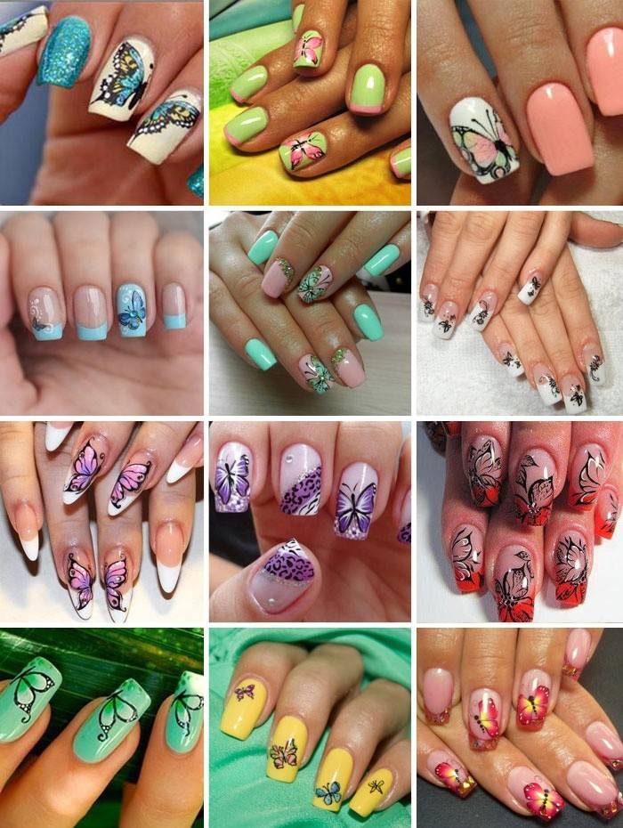 Manucure avec des papillons peints sur des ongles