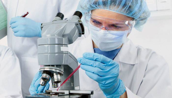 Laboratorijos asistentas tiria kraujo tyrimą