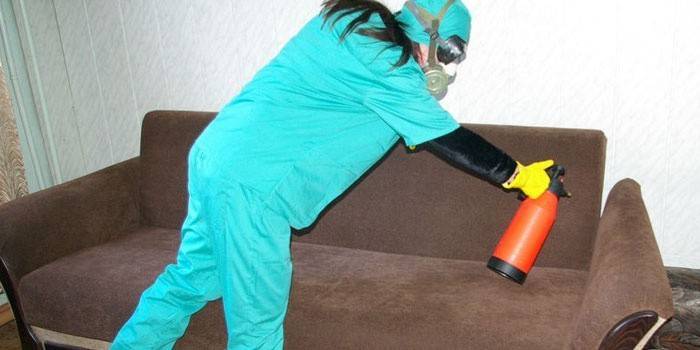 Kobieta traktuje sofę chemikaliami