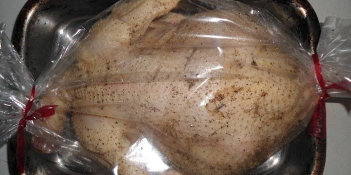 Carcaça de frango com especiarias na manga antes de assar