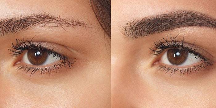 Sourcils de la fille avant et après coloration au henné