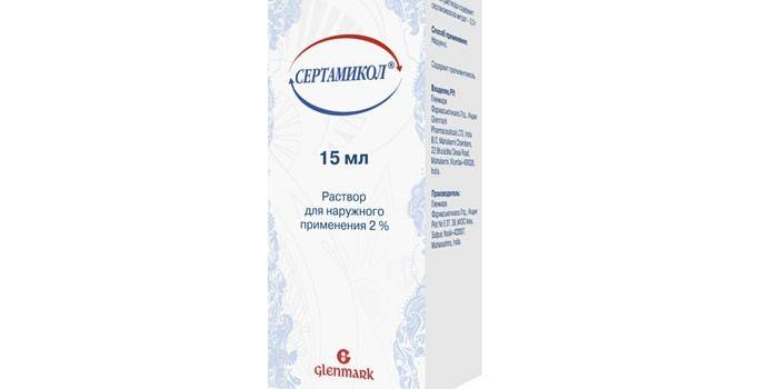 Sertamikolio tirpalas pakuotėje