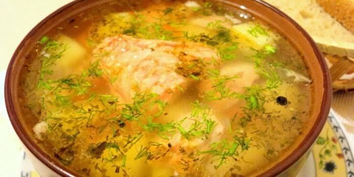 Sopa de trucha con mijo en un plato