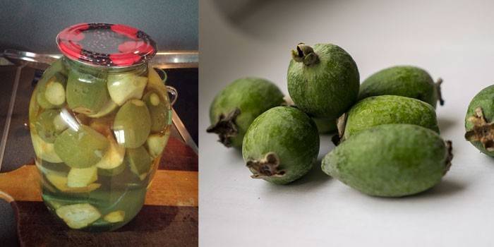 Compota de feijoa en una jarra y frutas