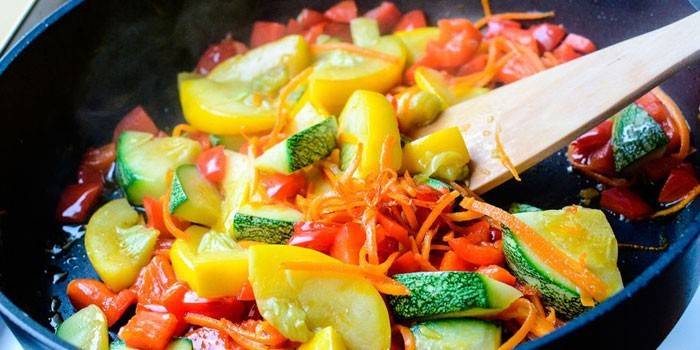 Mit Zucchini in eine Pfanne geben