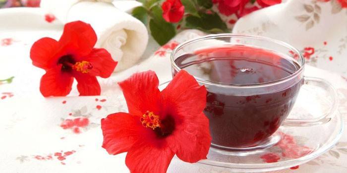 Chá de hibisco em um copo e flores de hibisco