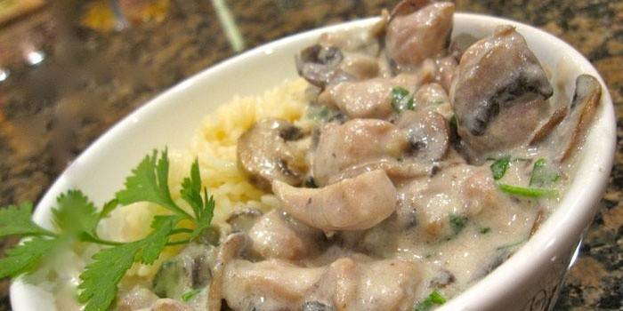 Tallerken med kylling med sopp i en kremet saus