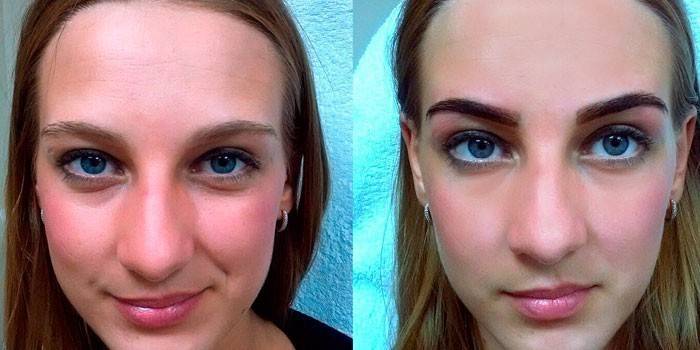 Photo de la fille avant et après l'architecture des sourcils