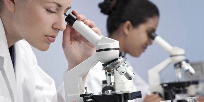 Laboratorijos padėjėjai žiūri per mikroskopą