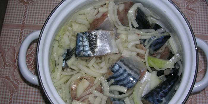 Szeletelt makréla hagymával egy serpenyőben