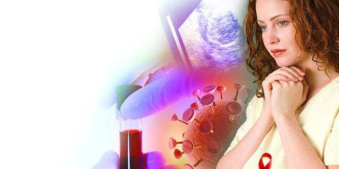 Ragazza, provetta con sangue, modello di virus e schermo ad ultrasuoni