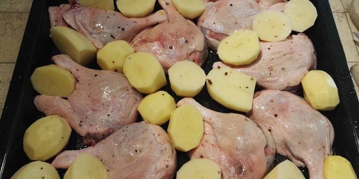 Pirms cepšanas pīļu kājas ar kartupeļiem uz cepešpannas