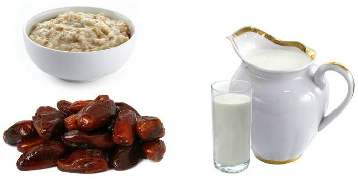 Kaurapuuro, päivämäärät, maito kannu ja kuppi jogurttia jogurtti