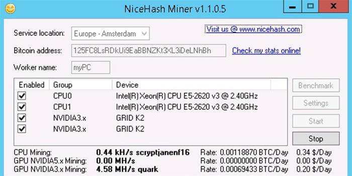 Execução de mineração para o processador NiceHash Miner