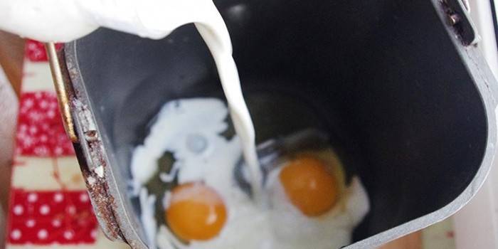 Pienas ir kiaušiniai duonos aparato inde