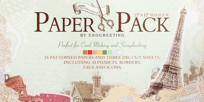 Sada farebného scrapbookingového papiera s rámami a ikonami.